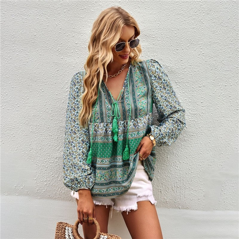 Long Sleeves V-Neck Printing Boho Blouse Top