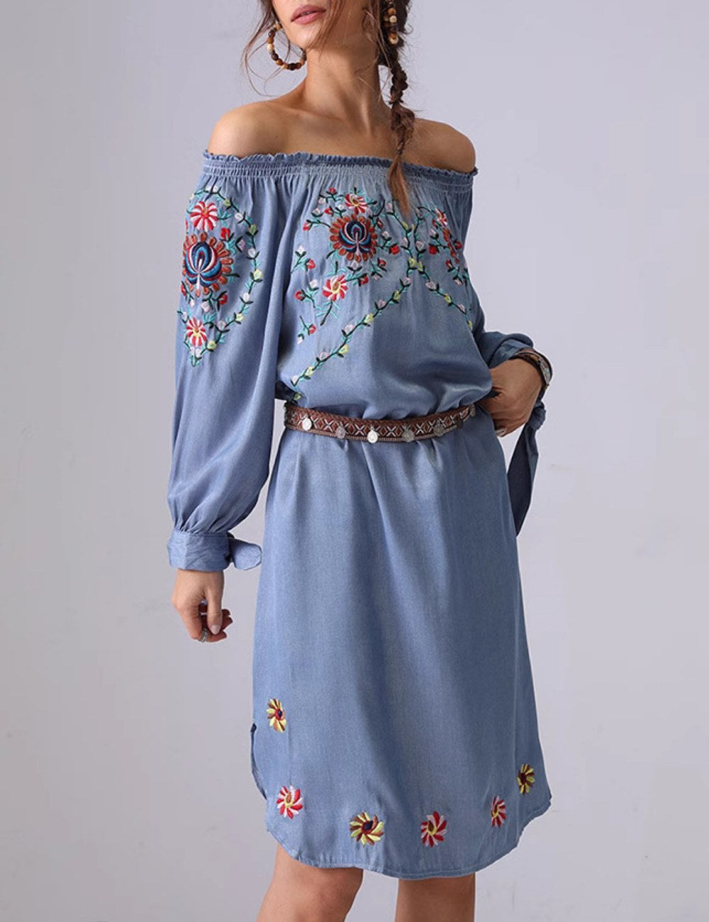 Flower Embroidered Off Shoulder Midi Dress