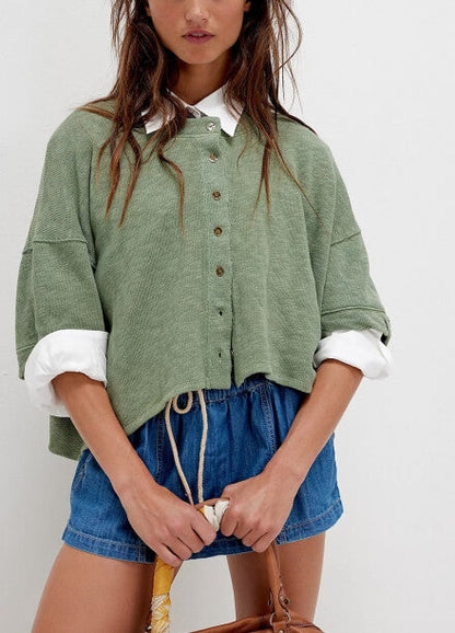Loose Midi Sleeves Button Down Knit Tops