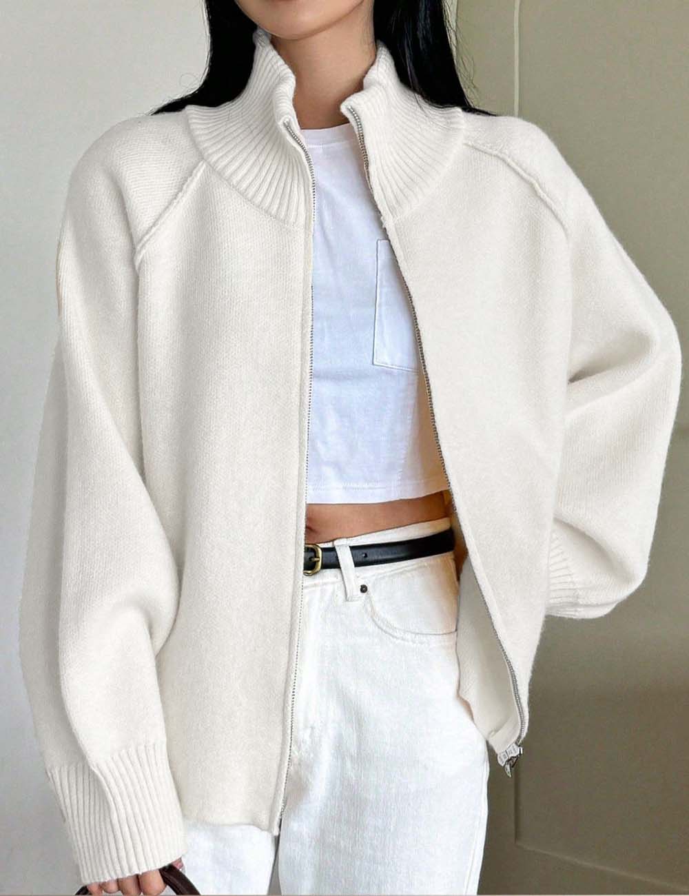 Solid Color High Neck Zip-Up Knit Cardigan