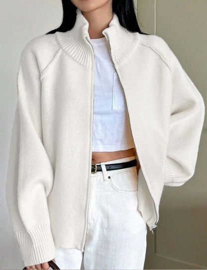 Solid Color High Neck Zip-Up Knit Cardigan