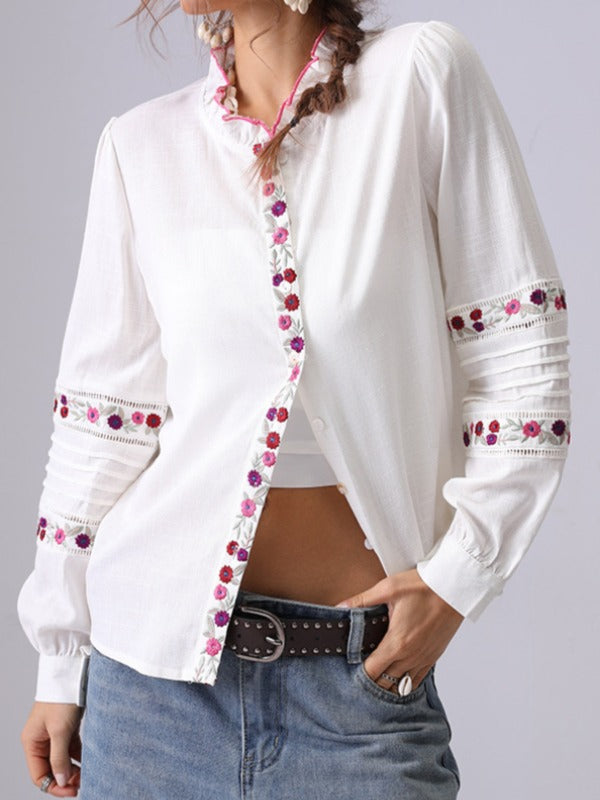 Minimalist Floral Embroidered Ruffle Neck Top