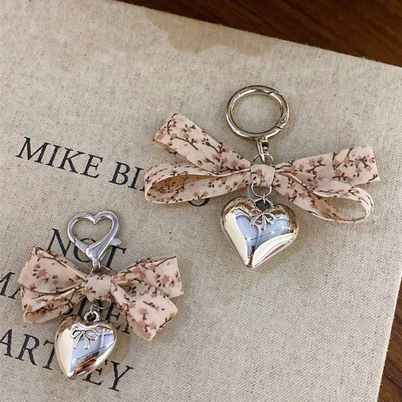 Elegant Floral Print Bow Heart Keychain Charms