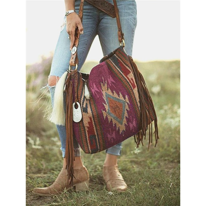 Ethnic Pattern Tassel Shoulder Bag