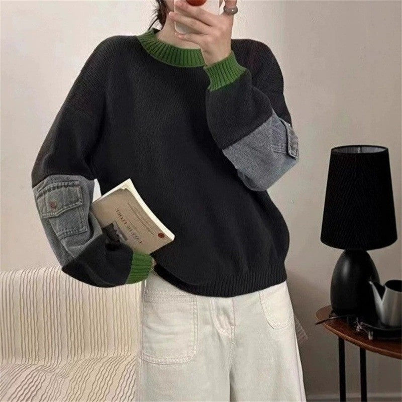Denim Patchwork Pullover Sweater