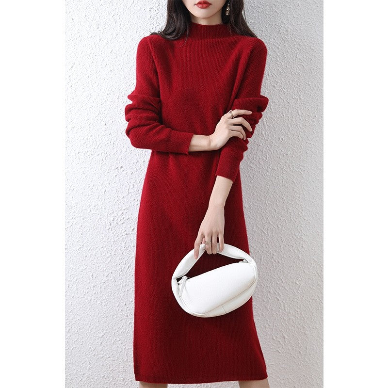 Elegant Ribbed Knit Semi High Neck Solid Long Dress