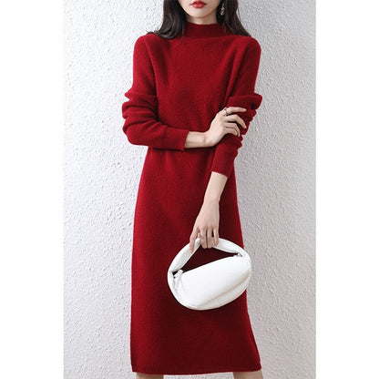 Elegant Ribbed Knit Semi High Neck Solid Long Dress