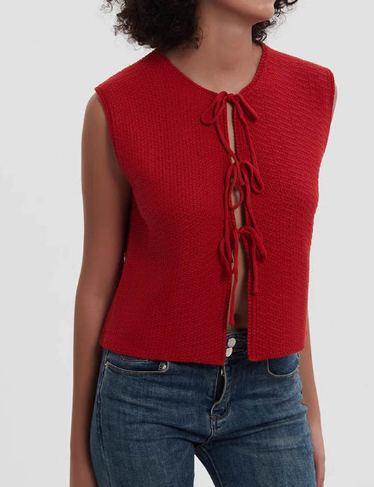 Round Neck Tie-Front Sleeveless Knit Vest