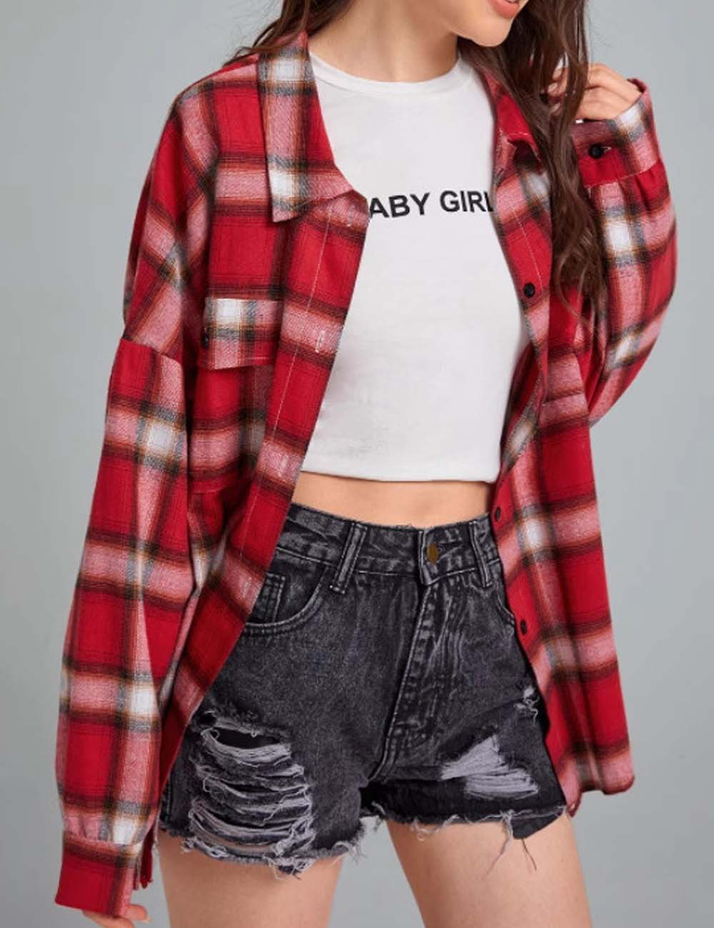 Vintage Plaid Lapel Collar Button Down Shirt