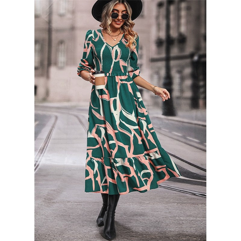 Ruffled V-Neck Printed Long-Sleeved Dress
