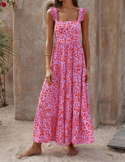 Print Square Collar Backless Long Dress