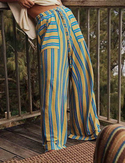 Color Block Striped Drawstring Wide-Leg Pants