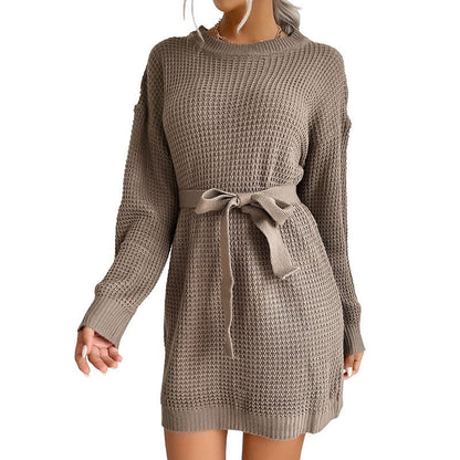 Short Lace-Up Solid Color Long-Sleeved Sweater Dress