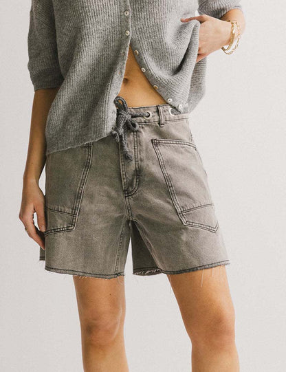 Washed Drawstring Pockets Denim Shorts