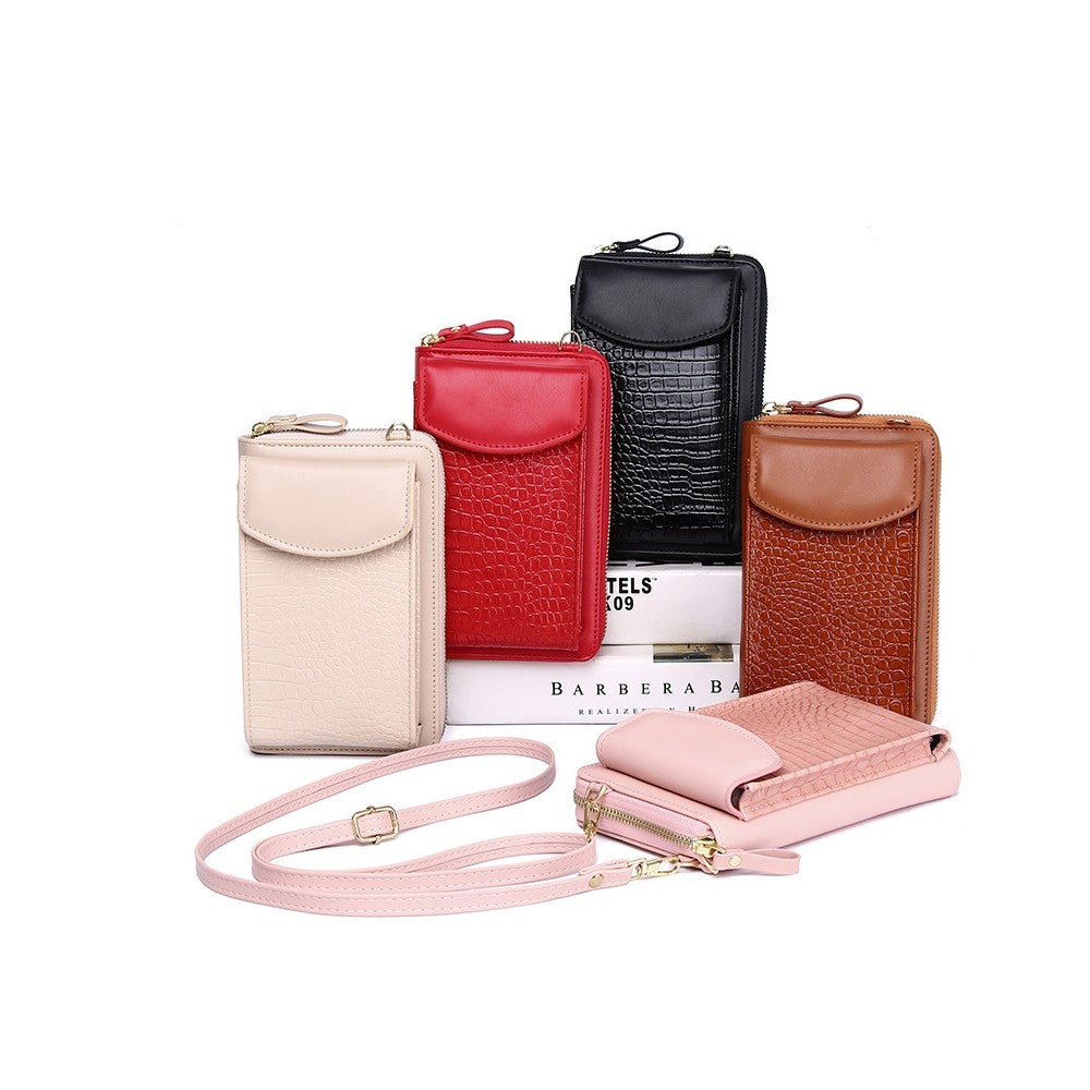PU Leather Solid Color Alligator Grain Mini Purse Cell Phone Crossbody Bag
