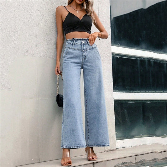 Simple And Classic Commuter High-Waisted Straight-Leg Slimming Loose Jeans