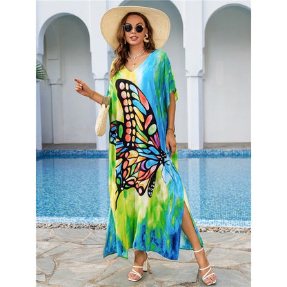 Contrast Color Butterfly Printing V-Neck Short Sleeve Long Beach Dress Bikini Cover-Up