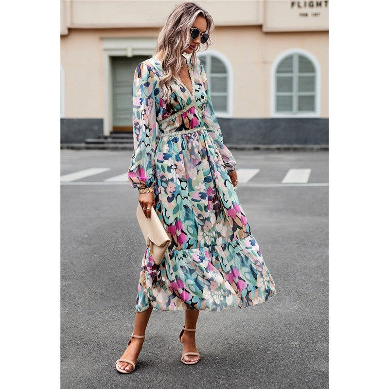 Casual Irregular Color Block Printed V-Neck Long-Sleeved Dress