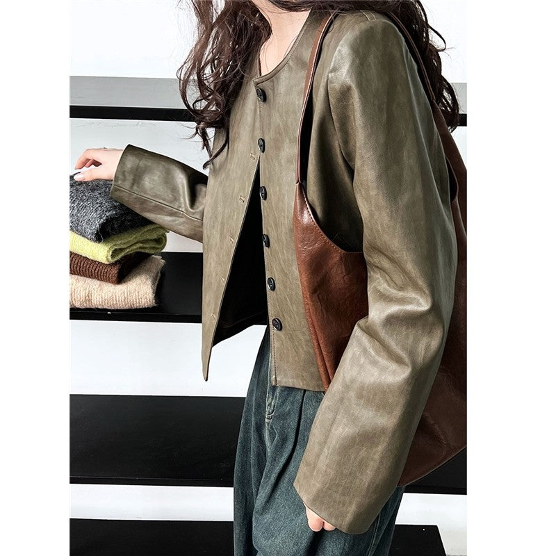 Retro Crewneck Long Sleeve Single Breasted Short PU Leather Jackets