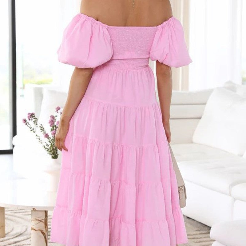 Boat Neck Puff Sleeve Elastic Waist A-Line Long Dress