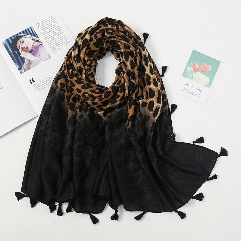 Fashion Colorblock Fringe Leopard Print Cotton Linen Scarf