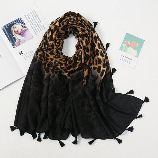 Fashion Colorblock Fringe Leopard Print Cotton Linen Scarf