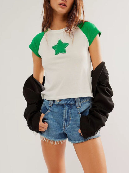 Color Block Star Splicing Slim Tops