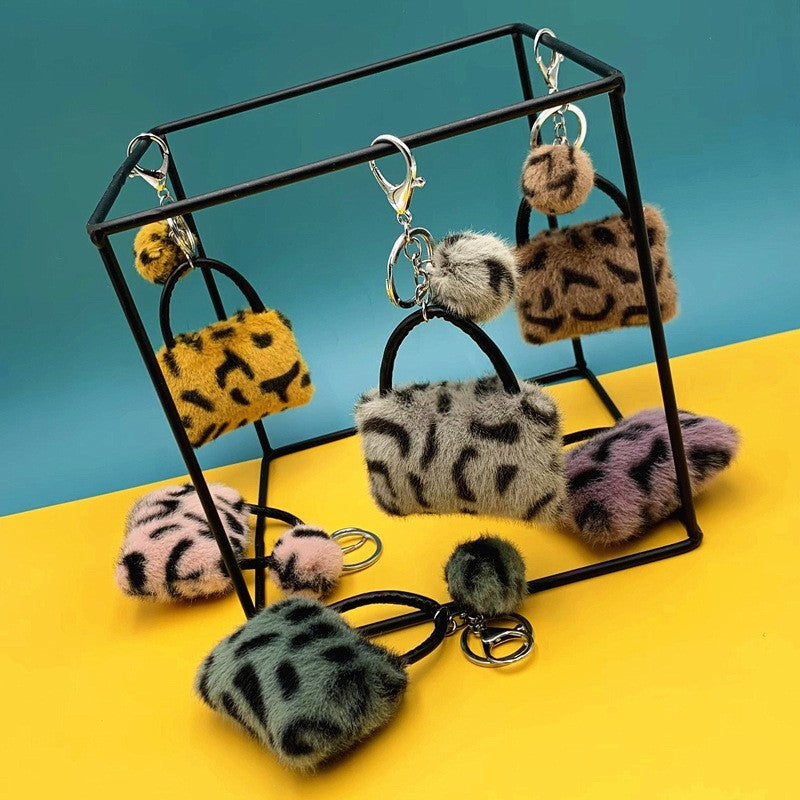 Furry Leopard Print Bag Keychain