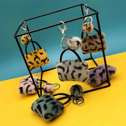 Furry Leopard Print Bag Keychain