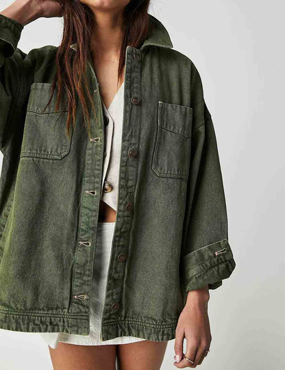 Trendy Solid Color Side Slit Denim Jacket