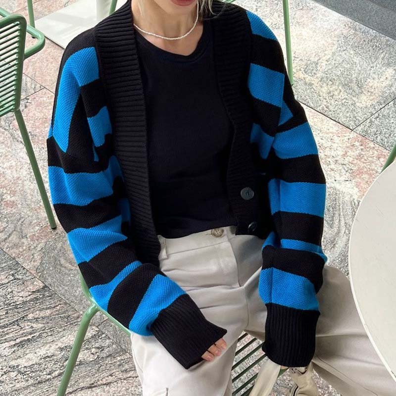 Loose Striped Long Sleeve Knit Cardigan