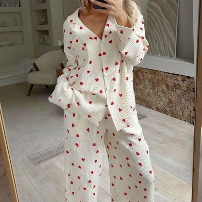 Heart Print Lounge Button Up Pajamas Set