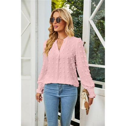 Solid Color V-Neck Long Sleeves Dots Blouse Top