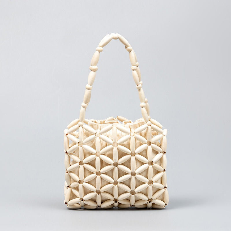 Wooden Bead Drawstring Handbag