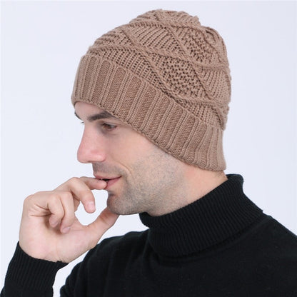 Men's Knitted Diamond Pattern Ear Warmer Hat