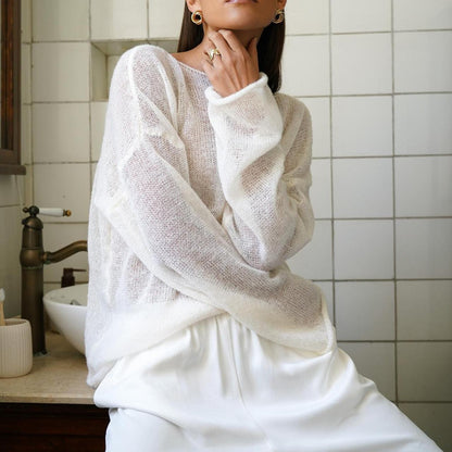 Solid Color See Through Flare Sleeves Knit Top