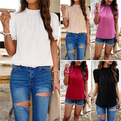 Solid Color Half Turtleneck Short Sleeve Blouse