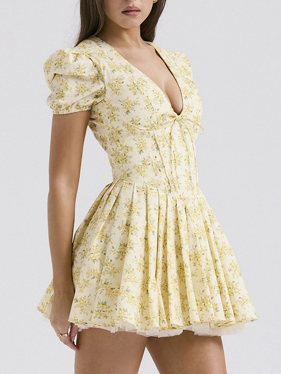Puffy Sleeves V-Neck A Line Mini Dress