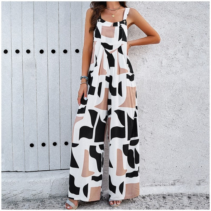 Contrast Color Printing Sleeveless Wide Leg Jumpsuits