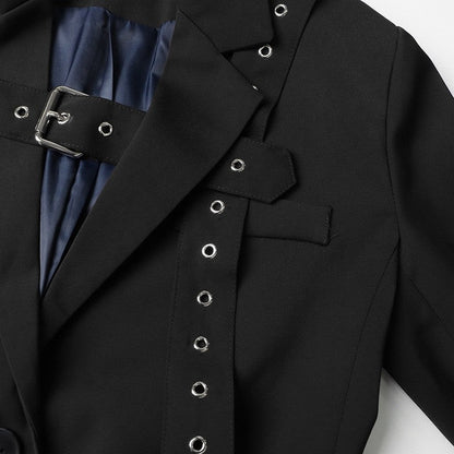 Long Sleeve Lapel Buttoned Rivets Belted Blazer Outerwear