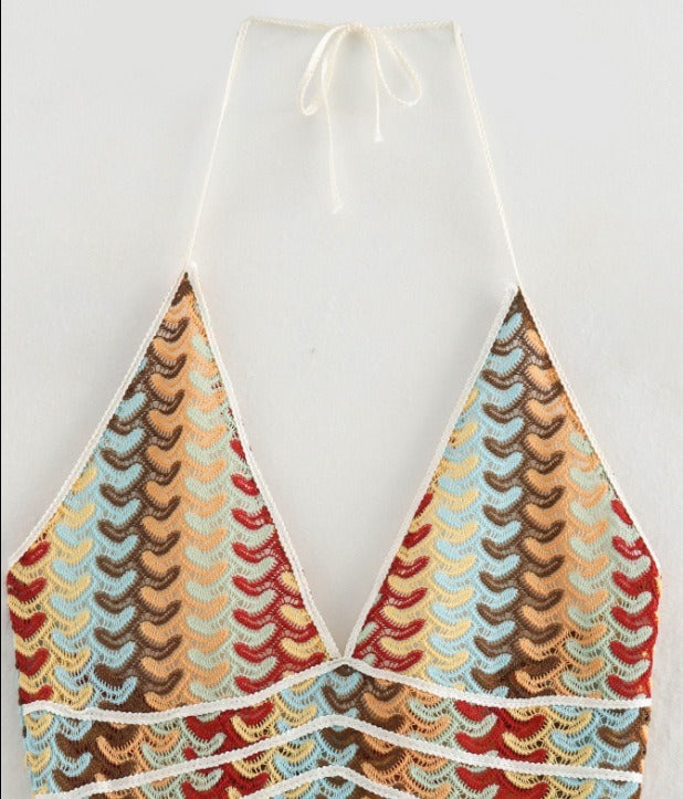 Backless Striped Halter Maxi Knit Dress