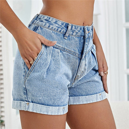 Fashionable, Classic, Loose And Versatile, Slimming Curled Denim Shorts