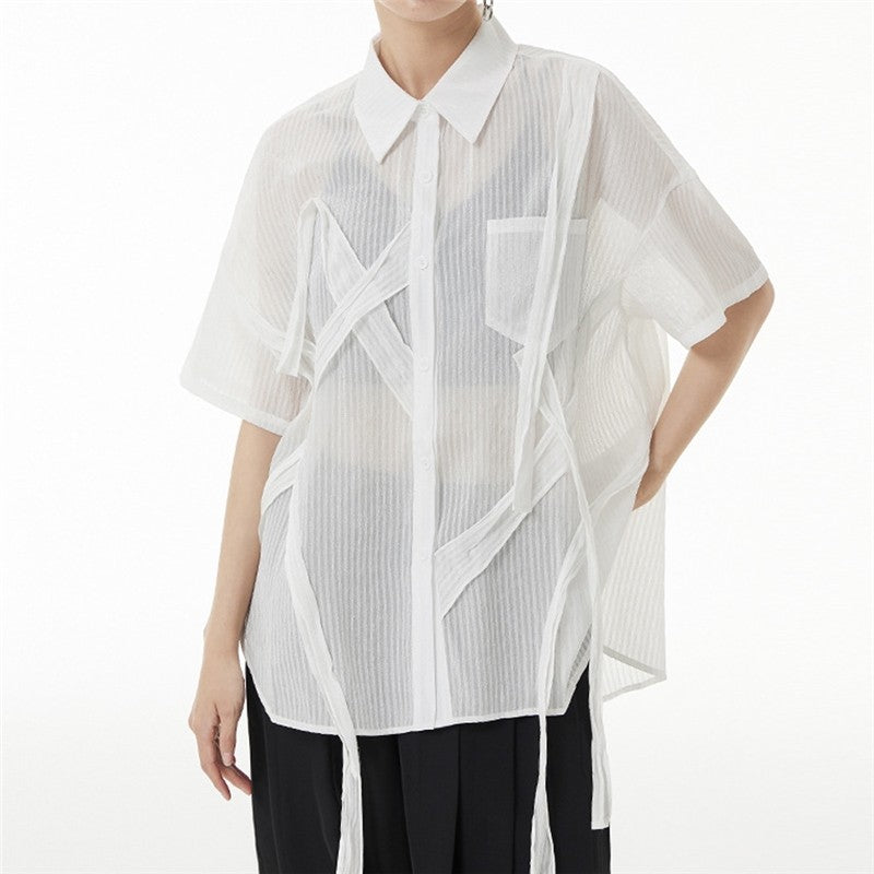 Solid Color Short Sleeve Shirt Collar See-Through Thin Casual Loose Blouse