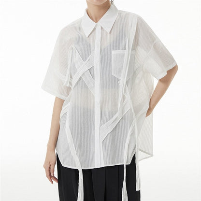 Solid Color Short Sleeve Shirt Collar See-Through Thin Casual Loose Blouse