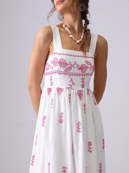 Floral Embroidered Backless Strap Maxi Dresses