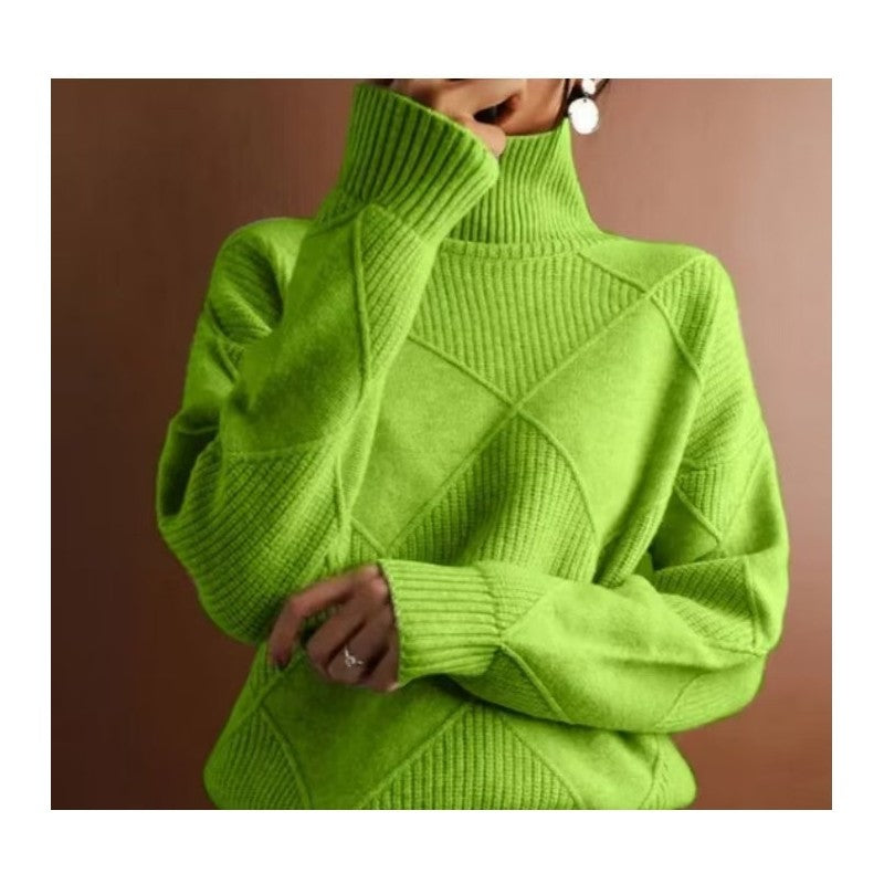 Fashion High Neck Diamond Texture Solid Color Pullover