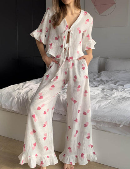 Elegant Print Ruffled Short Sleeve Pajamas Set