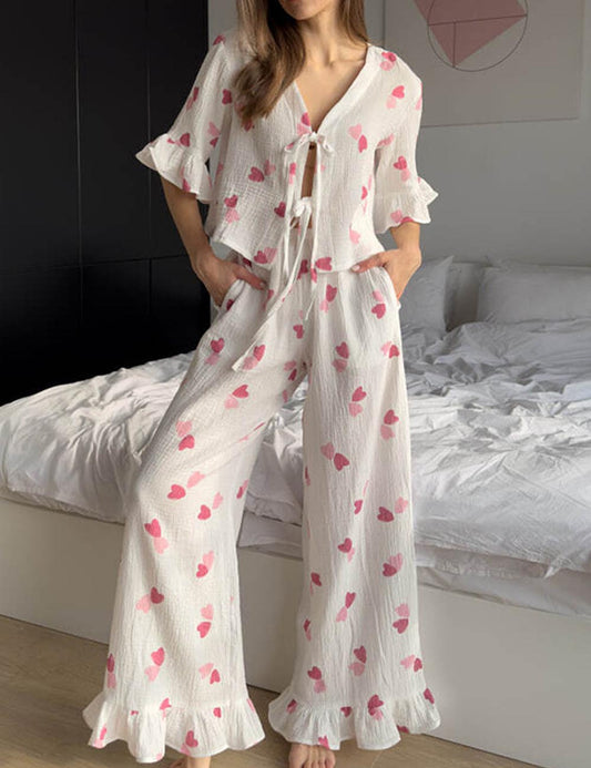 Elegant Print Ruffled Short Sleeve Pajamas Set
