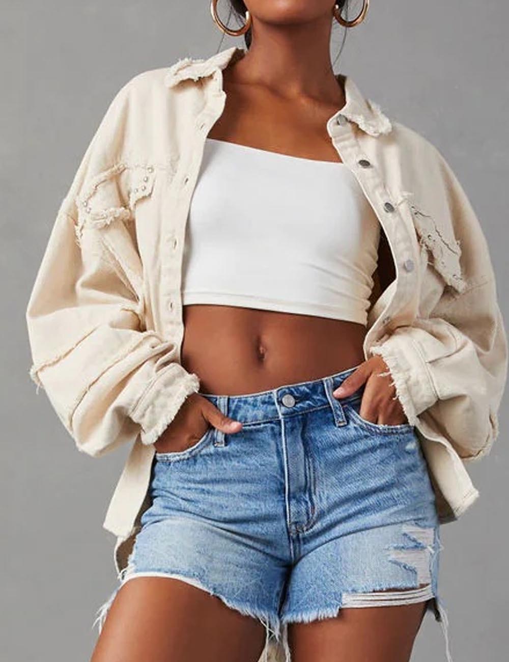 Retro Rivet Studded Frayed Oversize Denim Jacket