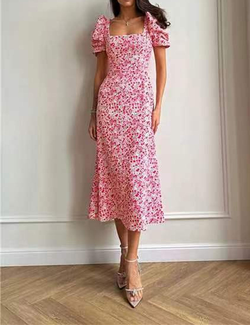 Elegant Floral Print Square Neck Midi Dress